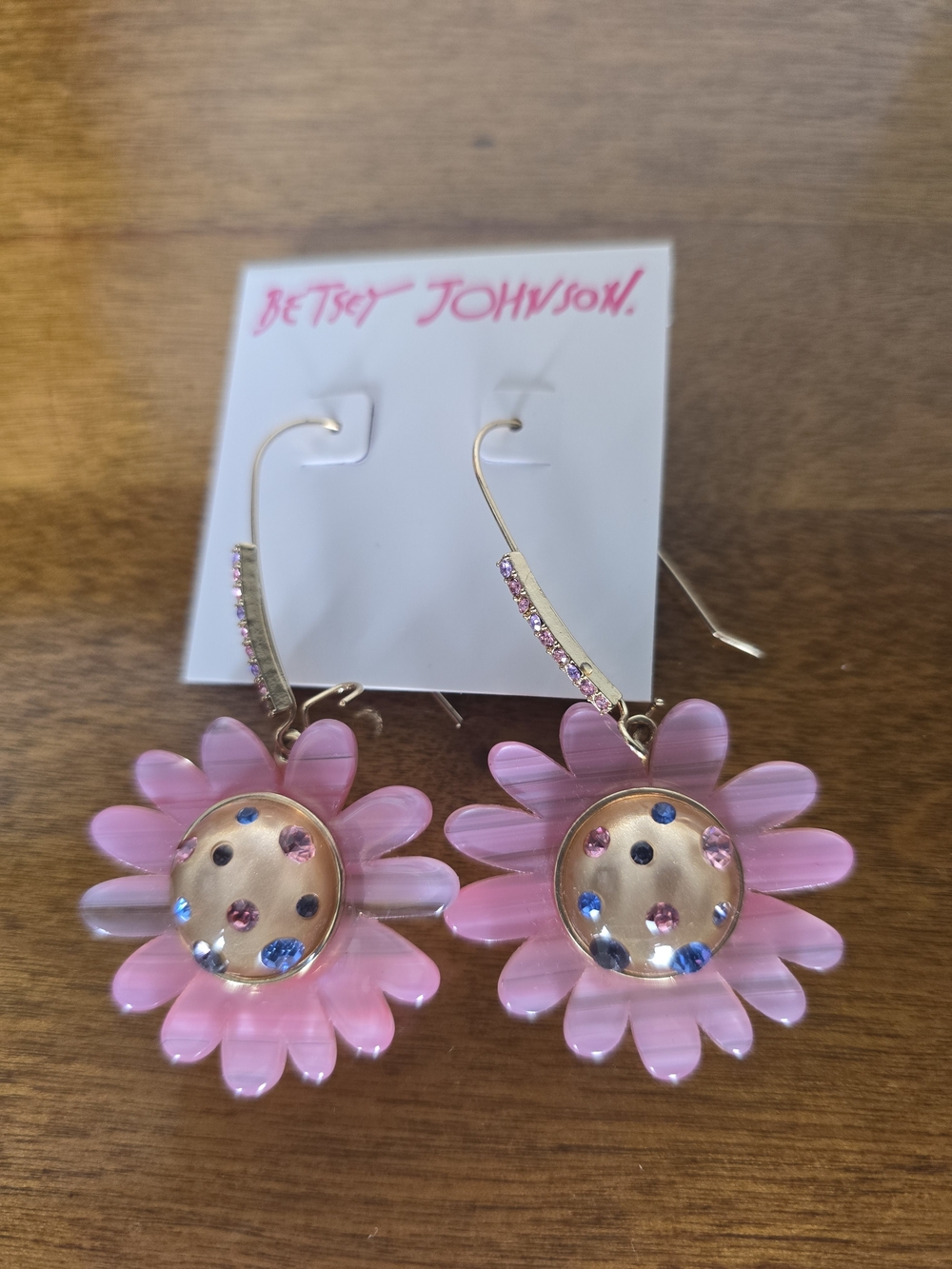 Betsey Johnson Pink Acrylic Flower Dangle Earrings with Multicolor Rhinestones